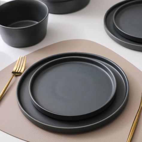 Stone Lain Celina Stoneware 12-Piece Dinnerware Set, 2B, Black, Service For 4, 9-inch Pasta Bowl Matte Plates, Assiette Design, Kitchen Essentials List, Dinnerware Set Modern, Kitchen Decor Collections, Grey Dinnerware, Crockery Design, Modern Plates, Dishware Sets