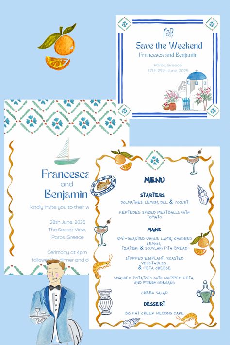 Custom made watercolor stationery for a greek summee wedding. Invitation, save the date, menu, plaxecards. Menu Illustration, Hens Party Invitations, Fruit Wedding, Drinks Bar, Wedding Illustration, Greece Wedding, Greek Wedding, Mama Mia, Invitation Inspiration