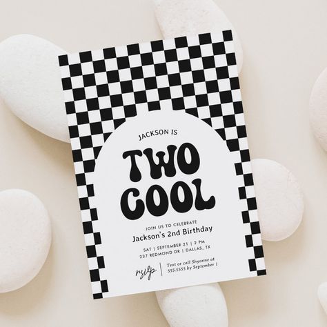 Two Cool Black and White Checker 2nd Birthday Invitation  Zazzle 2 Year Birthday Theme, 2 Year Birthday Theme Girl, Two Cool Birthday Party Boy, Two Cool Birthday Party, Two Cool Birthday, Two Cool, 2nd Birthday Party Themes, 2nd Birthday Invitations, Girl Birthday Themes