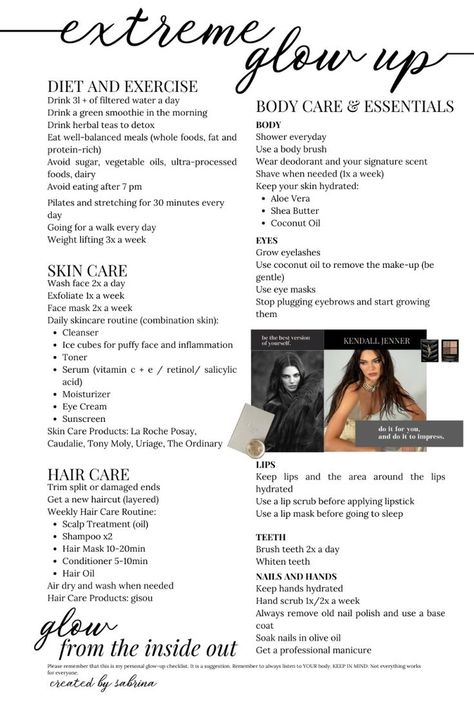 #affiliate Extreme Glow Up Checklist x Kendall Jenner | Diet Exercise Skin and Hair Care Body Care Essentials nel 2024 How To Be Kendall Jenner, How To Get A Body Like Kendall Jenner, Kendall Jenner Exercise Routine, Beauty Glow Up Checklist, How To Change Your Aesthetic, Lookmaxxing Guide Women, Extreme Glow Up, Kendall Jenner Skincare, Body Glow Up