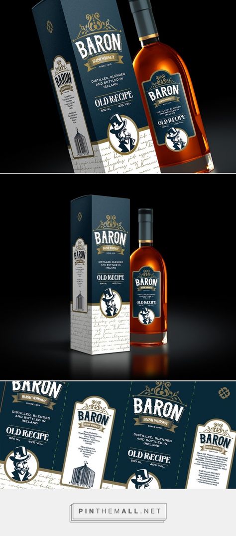 Baron Irish Whiskey - Packaging of the World - Creative Package Design Gallery - http://www.packagingoftheworld.com/2016/06/baron-irish-whiskey.html Creative Box Ideas, Whiskey Packaging, Whisky Packaging, Vodka Labels, Whiskey Label, Creative Package Design, Bottle Design Packaging, Alcohol Packaging, Whisky Bottle