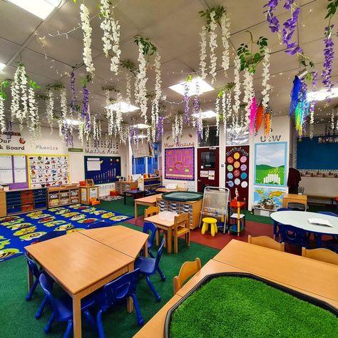 Decoration Ideas For Kindergarten, Classroom Ceiling Decorations, Classroom Decoration Ideas, Classroom Ceiling, Crayon Storage, White Wooden Chairs, Ideas For Kindergarten, Perfect Classroom, Classroom Images