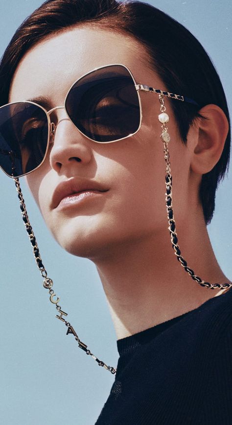 Jewelry Chain – CHANEL Eyewear | CHANEL Eyeglass Chain Fashion, Chanel Sunglasses With Chain, Sunglass Photoshoot, Chanel Eyeglasses, Optical Glasses Women, Chanel Eyewear, Chanel Glasses, Eyewear Chain, Eyeglass Strap