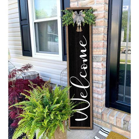 PRICES MAY VARY. 【Highquality Material】: the hanging vertical welcome sign for front porch is made of natural and quality wood material, sturdy and reliable to use, It is printed with weatherproof UV Inks that won’t fade, peel or crack. 【Perfect Size】: Welcome sign is 45" tall and 9" wide , 1" thick, weighs 2.5 lb. Ready to hang anywhere you want guests to see in your home, such as the porch, yard, entrances, entryways, front porches and walls and any conspicuous position. 【Exquisite Craftsmansh Small Porch Ideas On A Budget, Modern Home Outside, Farmhouse Outside, Small Porch Ideas, Dr Ideas, Railing Designs, Small Porch, Welcome Signs Front Door, Outdoor Welcome Sign