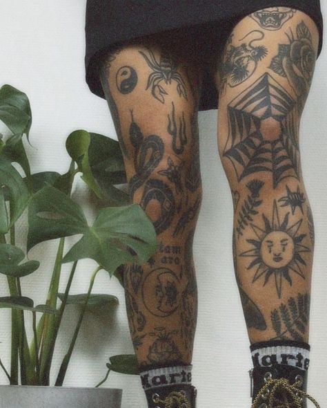 Leg Tattoo Placement Ideas Men, Traditional Tattoo Shin, Leg Patchwork Tattoo Men, Feet Tattoos For Men, American Traditional Leg Tattoo, Traditional Tattoos Leg, June Tattoos, American Traditional Leg Sleeve, Scattered Tattoos