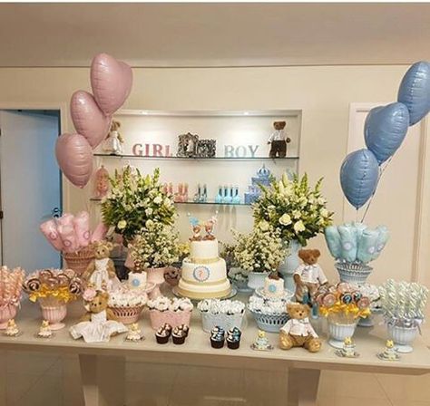 Gender Reveal Tablescape, Gender Reveal Cake Table Ideas, Table Decor For Gender Reveal Party, Gender Reveal Food Table Set Up, Gender Reveal Desert Table Ideas, Gender Reveal Treat Table, Gender Reveal Table Centerpieces, Gender Reveal Table Set Up, Gender Reveal Table Decor