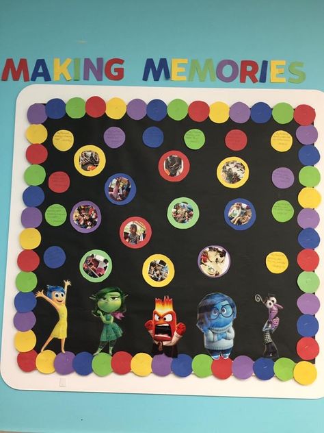 Memory Wall Classroom, Inside Out Theme Bulletin Board, Classroom Door Ideas Inside Out, Character Classroom Theme, Memory Bulletin Board, Inside Out 2 Classroom, Cartoon Classroom Theme, Disney Bulletin Board Ideas Preschool, Pixar Bulletin Board Ideas