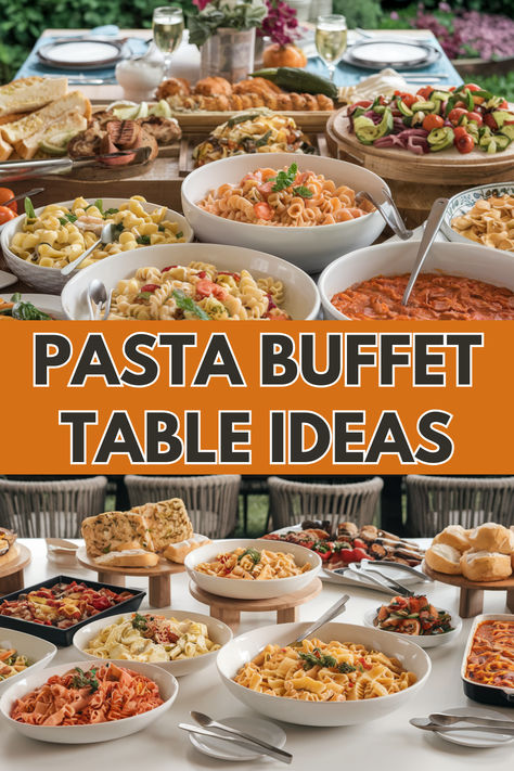 🍝 Transform your next gathering with these stunning pasta buffet table ideas! Perfect for weddings, parties & celebrations. Learn how to create an Instagram-worthy pasta buffet table with creative station layouts, toppings organization & decor tips. From rustic Italian vibes to modern minimalist displays, discover 15+ pasta buffet table setups that will wow your guests. 🍴 Get the complete guide + free printable station labels on my blog #entertaining #pastabuffet Italian Buffet Party, Pasta Table Setting, Buffet Ideas Food Party, Italian Buffet Ideas Dinners, Food Table Decorations Buffet Ideas, Food Table Design, Pasta Buffet Ideas, Pasta Party Ideas, Pasta Bar Ideas Buffet