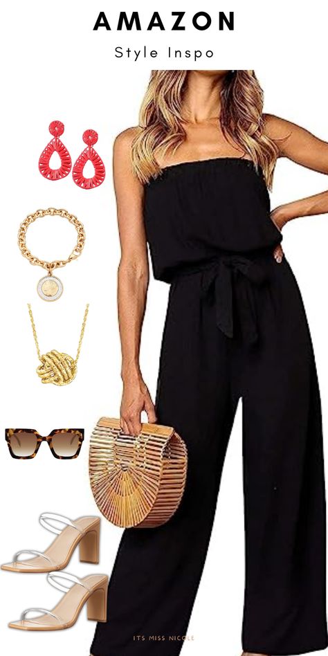 over 40 women wearing a cute black jumpsuit outfit that is a classy outfit for women 2023 from amazon Cheap Summer Jumpsuits And Rompers For Date Night, Evening Holiday Outfits Summer, Spring Evening Outfits Night Casual, Fashion Outfits Summer Over 40, Date Night Outfit 40 Year Old Summer, Chic Strapless Jumpsuit For Date Night In Summer, Casual Black Cover-up For Vacation, Off-shoulder Jumpsuits And Rompers For Summer Date Night, Stylish Summer Outfits For Women