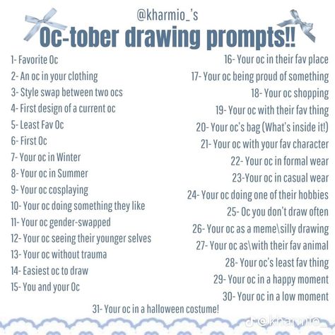 we are making an attempt!!!$!!!!!! Tober Prompts, Oc Drawing Prompts, Oc Tober, Inktober Prompts, Art Journal Challenge, The O.c., Oc Challenge, Daily Writing Prompts, Drawing Prompts