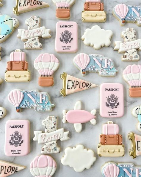 The Sugar Cookie Studio on Instagram: "“What a Wonderful World” , Travel Themed First Birthday! 🧳  #decoratedsugarcookies #royalicingcookies #firstbirthdaycookies #houstoncookies #cookiesofinstagram #travelcookies #travel #birthdaycookies" 1st Birthday Travel Theme, Around The World Birthday Theme, What A Onederful World Birthday Girl, What A Wonderful World Birthday Party, Travel Theme First Birthday, Wonderful World Birthday, What A Onederful World Birthday, Travel Themed Birthday Party, First Birthday Cookies