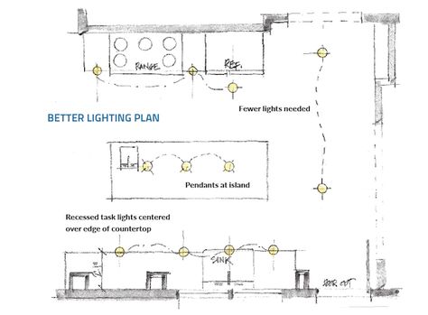 The Right Way to Light a Kitchen | Pro Remodeler Kitchen Light Placement Layout, Lighting Plan Kitchen, How To Place Recessed Lights In Kitchen, Can Lights In Kitchen Placement, How To Place Can Lights In Kitchen, Can Lights Kitchen, Kitchen Islands Without Pendant Lights, Lights In Kitchen Ceilings, How To Light A Kitchen