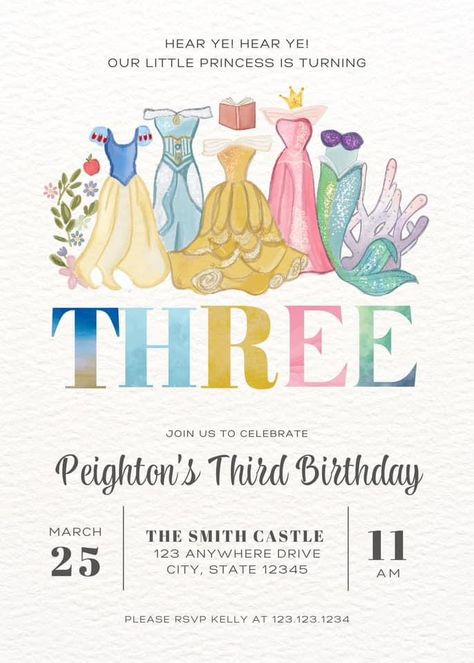 Modern Princess Party Ideas, Disney Princesses Birthday Invitation, 3rd Bday Princess Party, Disney Three Year Old Birthday, Anastasia Birthday Party Ideas, Disney Princesses Party Ideas, Disney Princess Second Birthday Party, 3rd Birthday Party Princess, Princess Party Three Year Old