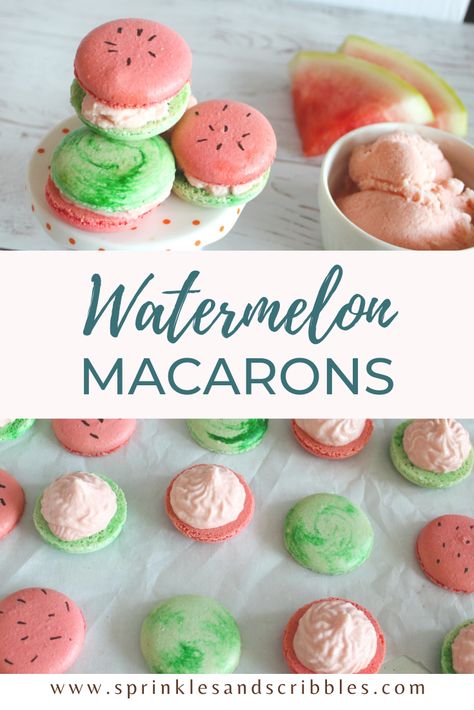 Watermelon Macaron, Watermelon Macarons, Easy Macaroons Recipe, French Macaroon Recipes, Ice Cream Making, Watermelon Sorbet, Watermelon Ice Cream, Macaron Filling, Macaroon Cookies