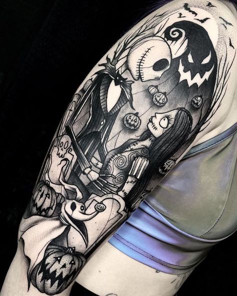 Jack Sally And Zero, Sally And Zero, Tattoo Nightmares, Jack Skellington Tattoo, Halloween Tattoos Sleeve, Tim Burton Tattoo, Jack Tattoo, Nightmare Before Christmas Tattoo, Christmas Tattoo