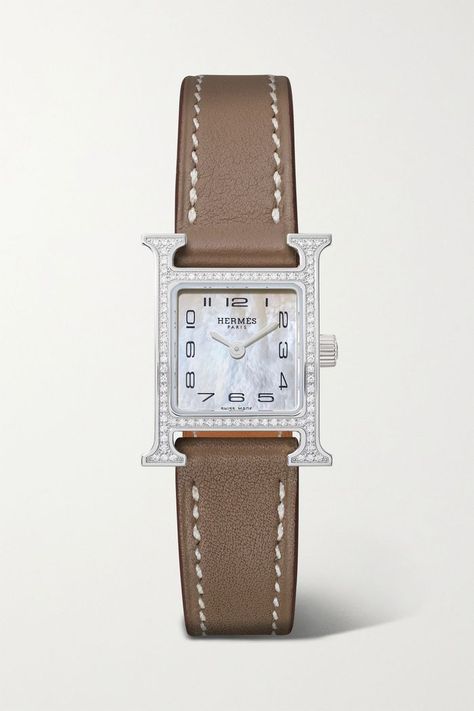 Hermès Timepieces Heure H 17.2mm Very Small Stainless Steel, Leather, Mother-Of-Pearl and Diamond Watch Hermes Watch, Classy Watch, Accessories Bags Shoes, Womens Watches Luxury, Expensive Jewelry, Jewelry Lookbook, Fine Watches, Brown Leather Strap, Girly Jewelry