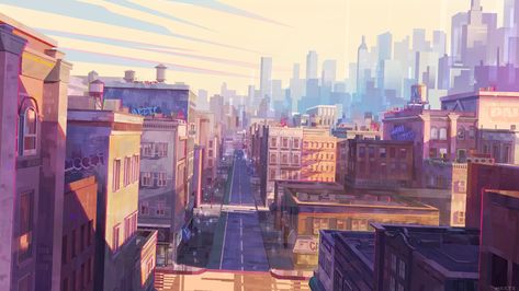 Spiderverse Cityscape, Spiderverse Background Art, City Background Landscape, Comic Cityscape, City Background Art, City Landscape Wallpaper, Visdev Art, 2d Texture, City Concept Art