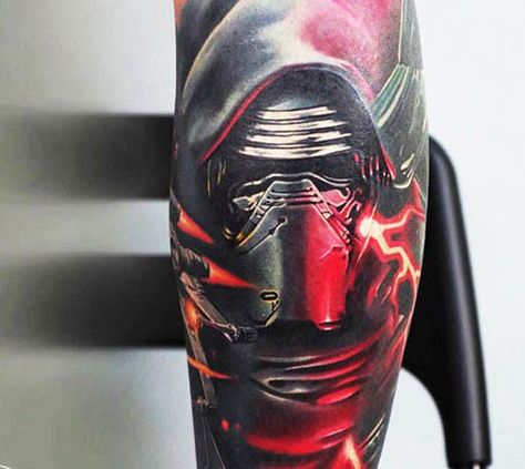 Star Wars Tattoo from Levgen Eugene Knysh. #inked #inkedmag #tattoo #art #Idea #placement #starwars Kylo Tattoo, Starwars Design, Star Wars Tattoo Sleeve, Nerd Tattoos, Celtic Tattoos For Men, Tattoo Star, Nerd Tattoo, Rose Tattoos For Men, Movie Tattoo