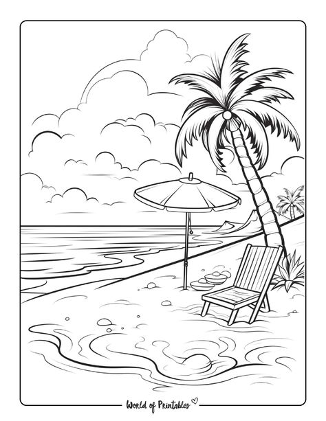 How To Draw Beach, Beach Illustration Drawing, Beach House Drawing, Mom Coloring Pages, Summer Drawings, Beach Coloring Pages, Beach Drawing, Summer Art Projects, Beach Illustration