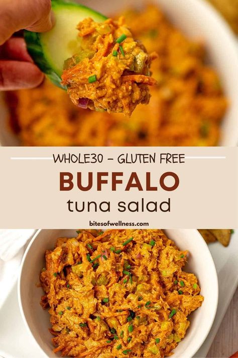 Buffalo Tuna Salad is easy to make, super flavorful and the perfect healthy lunch or dinner! Serve this spicy tuna salad with crackers, veggies, on bread or in a wrap for a filling meal that is made with simple ingredients anytime! This buffalo tuna salad is bold, creamy, spicy and budget friendly! The recipe is gluten free, dairy free, paleo, Whole30 and low carb friendly! Tuna Salad Spicy, Chunk Tuna Recipes, Tuna Recipes Gluten Free, Buffalo Tuna Salad Recipe, Tuna Fish Wrap, Tuna Filling Recipes, Buffalo Tuna Recipe, Tuna On Crackers, Tuna Salads For Dinner