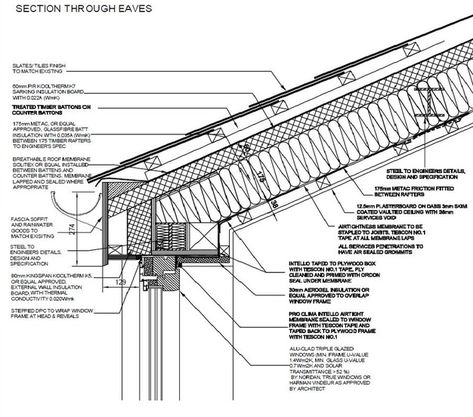 Roof Detail, mixed insulation, Perlin and Counter Perlin with Slate Roof. Steel Construction Timber Roof Detail, Steel Roof Detail, Metal Roof Detail, Roof Construction Detail, Roof Section Detail, Roof Detail Architecture, Construction Details Architecture, Section Detail, Dormer Roof