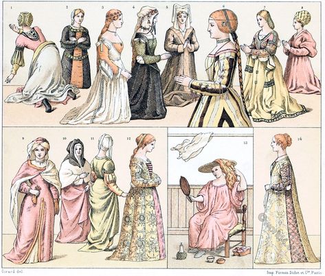 Female fashions in the 14th, 15th and 16th centuries. Italian Renaissance. 15th Century Fashion, 14th Century Clothing, Italian Hair, Military Dresses, Modern Costumes, Italian Dress, Stylish Winter Outfits, Century Clothing, 14th Century