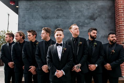 This groom and groomsmen looked stylish in matching black suits with the groom wearing a black suit and white button up while the groomsmen wearing black suits and black shirts for their Clementine Hall Wedding in Nashville, TN | John Myers Photography & Videography Groom Black On Black Suit, Grooms Men Black Suits, Black Suits Wedding Groomsmen, Groom And Groomsmen Black Suit, Groom Stand Out From Groomsmen, Black And Gold Groomsmen, Black Tux With Black Shirt, Mens Black Suit Outfit Wedding, Groom Black Suit Wedding