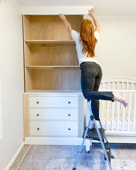 Diy Dresser Built In, Built In Bookcase With Drawers, Diy Dresser Build, Diy Built Ins, Ikea Dressers, Bookshelf Nightstand, Top Of Dresser, Ikea Dresser Hack, Ikea Built In