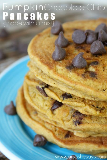 Pumpkin Chocolate Chip Pancakes...made with a mix!  Just add a few ingredients and you have a hot, homemade breakfast that tastes like Fall! Easy Pancake Mix, Pumpkin Chocolate Chip Pancakes, Pumpkin Pie Pancakes, Pumpkin Butterscotch, Homemade Pancake Mix, Chocolate Chip Mug Cake, Crepe Cakes, Gluten Free Chocolate Chip, Mille Crepe