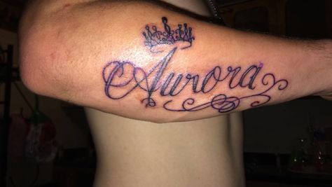 Tattoo for our daughter #mentattoos #tattoo #princess #name #tattooformen #daughter #father Aurora Name Tattoo, Aurora Tattoo Name, Aurora Name, Aurora Tattoo, Daughters Name Tattoo, Princess Name, Chicano Style, Princess Tattoo, Pretty Hand Tattoos