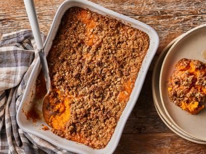 Sweet Potato Souffle : Food Network Recipe | Trisha Yearwood | Food Network Sweet Potato Casserole Healthy, Potato Souffle, Vegan Sweet Potato Casserole, Souffle Recipe, Sweet Potato Souffle, Thanksgiving Side Dishes Easy, Souffle Recipes, Sweet Potato Recipes Casserole, Stuffed Sweet Potato Healthy