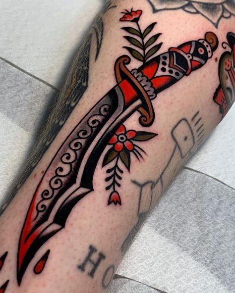 American Traditional Knife Tattoo, Knife Tattoo Traditional, Trad Dagger Tattoo, Traditional Tattoo Knife, Knife Traditional Tattoo, Old School Dagger Tattoo, Dagger Traditional Tattoo, Traditional Knife Tattoo, American Traditional Dagger