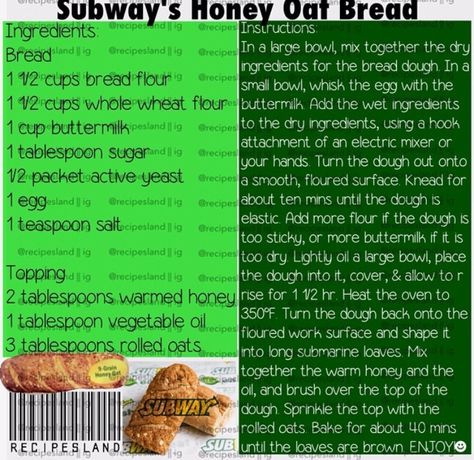 Subway's Honey Oat Bread Copycat Subway Honey Oat Bread, Honey Oat Subway Bread, Subway Wheat Bread Recipe, Subway Honey Oat Bread Recipe, Subway At Home, Subway Bread Recipe, Honey Oat Bread Recipe, Subway Copycat, Subway Bread