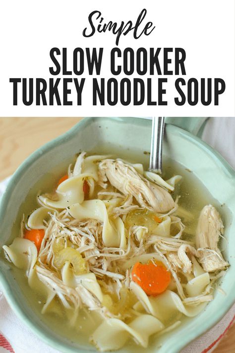 The perfect way to use up your Thanksgiving Turkey leftovers! Make this light and delicious soup in your Crock Pot or Slow Cooker! Slow Cooker Turkey Soup, Leftover Turkey Soup, Turkey Noodle Soup, Chicken Noodle Soup Crock Pot, Turkey Soup Recipe, Thanksgiving Leftover Recipes, Crockpot Turkey, Slow Cooker Turkey, Leftover Turkey Recipes