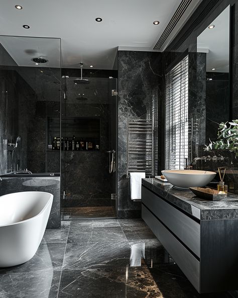 👉👈World's finest luxurious bathroom designs for your inspiration.. Follow us #bathroom#bathroomdecor#bathroomideas#bathroomremodel#bathroomdecorideas#bathroomstorage#bathroomdecorator#bathroomfixtures#bathroomflooring#bathroommirrors#bathroomrenovations#bathroommakeovers#bathroomdesignideas#bathroomremodelling#bathroomsremodeled#bathroomremodelers#bathroominteriors#bathroomstorag#bathrooms Dream Bathrooms Luxury Master Bath, Black Bathroom Paint, Grey Marble Bathroom, Black Marble Bathroom, Black Tile Bathrooms, Black Bathroom Light, Black Faucet Bathroom, Dark Bathroom Ideas, Black Bathroom Decor