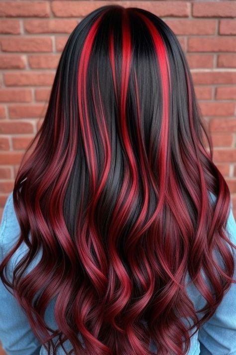 Hair Ideas Red Highlights, Cute Color Hair Ideas, Red Hair On Brunette, Red Hair Color Ideas For Brunettes, Dyed Hair Ideas For Brunettes, Unique Hair Color Ideas For Black Hair, Red Hair Ideas For Brunettes, Black And Red Hair Ideas, Hair Dye Patterns