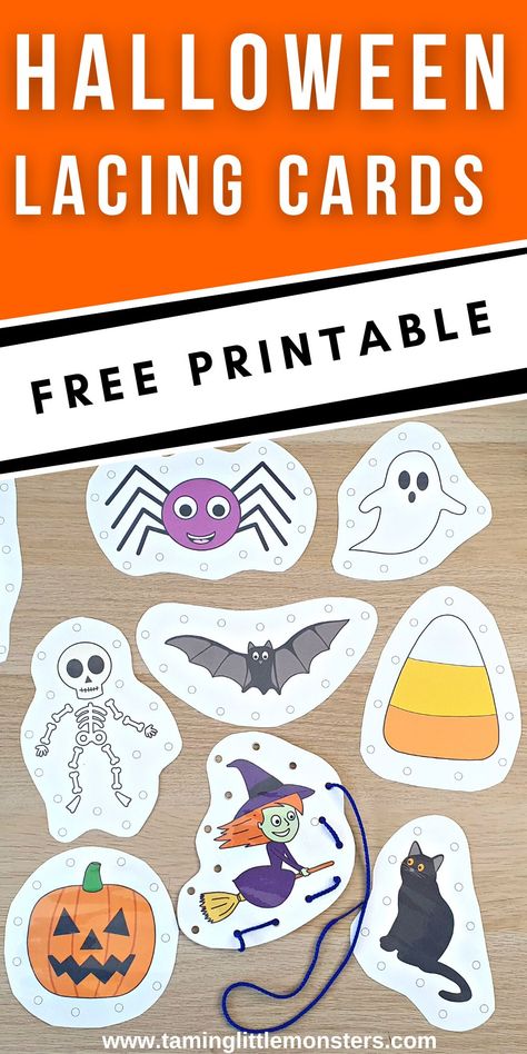 Free Halloween Lacing Cards for Kids - Taming Little Monsters Halloween Theme Preschool, Halloween Lesson Plans, Learning Folder, Halloween Activities For Toddlers, Halloween Teaching, Halloween Activities Preschool, Monster Activities, Halloween Lesson, Preschool Stem