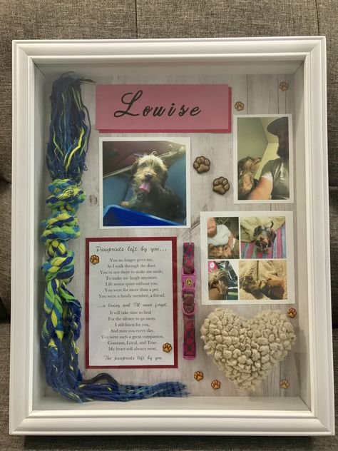 Dog shadow box memorial with toy, leash, collar, blanket, photos, collage, and poem. Dog Leash Memorial Ideas, Dog Shadow Box Ideas, Dog Collar Memorial Ideas, Dog Memorial Shadow Box Ideas, Dog Memory Shadow Box Ideas, Dog Memorial Diy, Shadow Box For Dog, Dog Memorial Shadow Box Ideas Ashes, Dog Remembrance Ideas