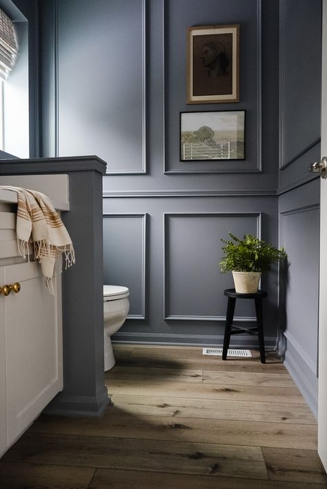 Slate Blue Powder Room, Taupe Wainscoting Bathroom, Painting Trim Same Color As Walls Bathroom, Half Moulding Wall, Half Bath Trim Ideas, Moody Bathroom White Cabinets, Wall Paneling Powder Room, Powder Bath Molding, Half Bath Wall Trim