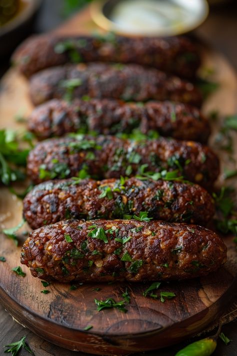 Grilled sausages garnished with chopped parsley on a wooden board. Arabic Appetizers Middle East, Middle Eastern Cooking, Middle Eastern Food Aethstetic, Souvlaki Sauce, Lebanese Kibbeh Recipe, Lebanese Food Recipes, Kibbeh Recipe Lebanese, Middle Eastern Food Recipes, Lebanese Recipes Authentic