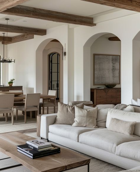 Arches In Homes Interiors, Classic Contemporary Interior Design, Ceiling Beams Living Room, Beams Living Room, Arched Doorways, Mediterranean Interior Design, Reclaimed Wood Beams, 2024 Inspiration, Beach House Kitchens