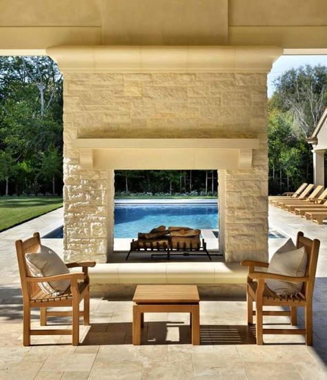 Beautiful view to the pool through the fireplace. Best of both worlds #water and #fire Side Fireplace, Outdoor Stone Fireplaces, Outdoor Fireplace Designs, Contemporary Patio, Patio Fireplace, Side Deck, Outdoor Stone, Outside Living, Pool Side