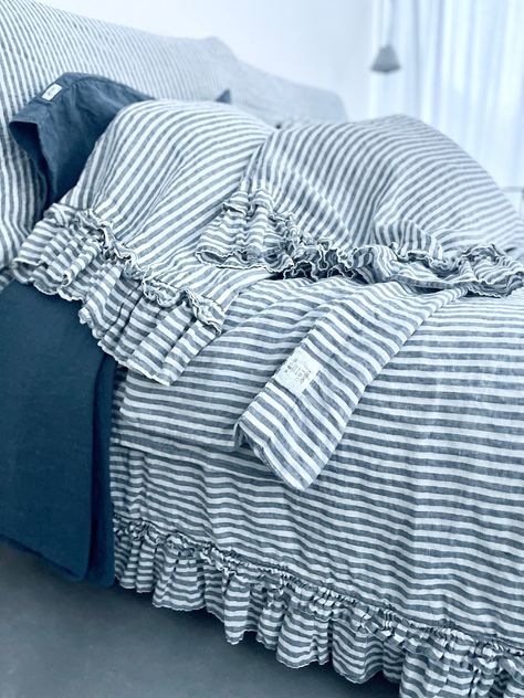 "Double ruffled, softened linen bedding 3 pieces set of duvet cover and two pillowcases.  Fast delivery via FedEx. Linen duvet cover with ruffles on three sides. Pillowcase with the open closure and ruffles on one end, euroshams on the all sides.  This 100% pure linen duvet cover is closed with buttons and features inside ties will keep the comforter in place .  All our linen is pre-washed for an amazingly soft feel. Every time you sleep the linen becomes softer and more beautiful.  All our line Nautical Boys Room, Lake House Bedding, Blue Bed Sheets, Linen Duvet Cover, Bedding Ideas, College Room, Fitted Bed Sheets, Linen Storage, Linen Duvet Covers