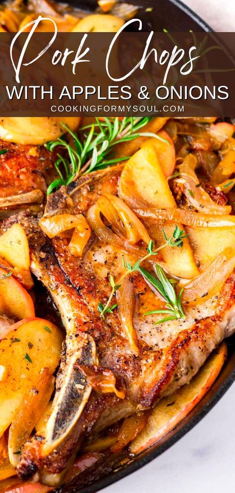 We love cooking with apples. These Pork Chops with Apples and Onions are always in our regular dinner rotation during fall season. It’s our favorite comfort meal! You’ll love the combination of sweet and savory flavors, perfectly balanced in a delicious pan sauce. Plus, I share tips on how to keep pan-seared pork chops juicy and tender. These pork chops with apples are perfect for weeknights. Easy and simple, ready in just 40 minutes. Pork Chop Recipes With Apples, Apple Pork Chop Recipes, Recipes With Apples, Healthy Pork Chops, Healthy Pork Chop Recipes, Pork Chops With Apples, Apples And Onions, Pan Seared Pork Chops, Skillet Pork Chops