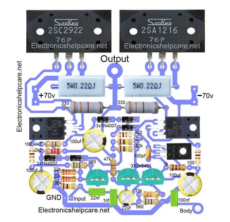 Power Amplifier Circuit Diagram, Hifi Amplifier, Amplifier Audio, Diy Amplifier, Speaker Projects, Electronic Circuit Design, Power Supply Circuit, Electronic Circuit Projects, Electronic Circuit