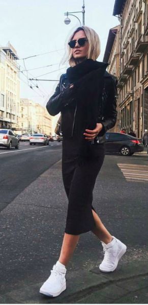 long black dress + leather jacket + white sneakers Black Dress Leather Jacket, White Sneakers Dress, Long Tight Black Dress, Black Dress Leather, Dress White Sneakers, Tight Skirt Outfit, Street Style Sporty, Dress Leather Jacket, Black Leather Jacket Outfit