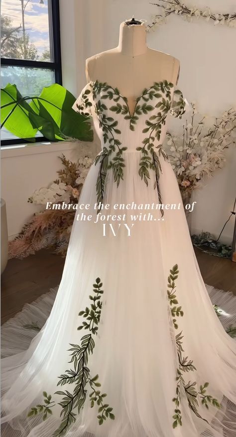 Plant Embroidered Wedding Dress, Wedding Dress With Leaf Detail, Leaf Embroidered Wedding Dress, Off White Floral Wedding Dress, Mystical Forest Wedding Dress, Non Traditional Colored Wedding Dress, White And Green Dresses, Green Flower Wedding Dress, Emerald And White Wedding Dress