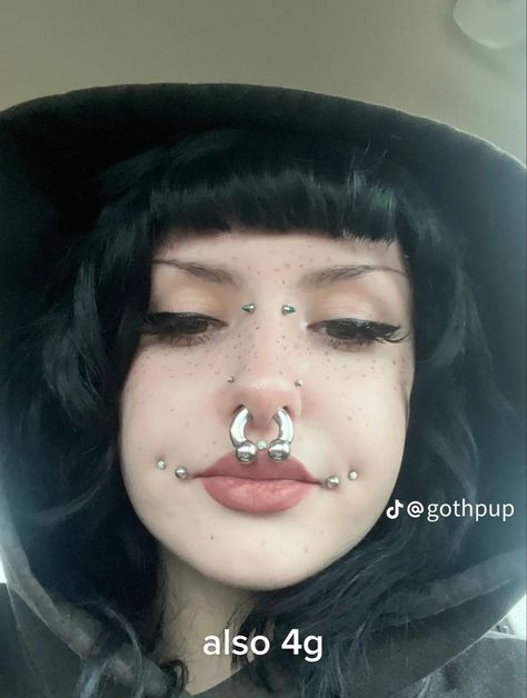 Crowded Face Piercings, Gold Face Jewellery Piercing, Lots Of Face Piercings, Heavily Pierced Face, Stretched Septum Jewelry, Piercing Combos Face, Piercing Set Up Face, Different Piercings Face, Face Piercings Black Women