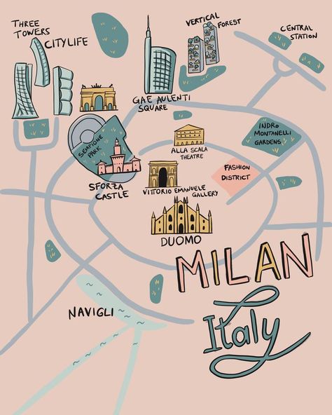 Illustrated map of Milan with a light color palette, skyline landmarks of Milano such as three towers, Duomo, Gae Aulenti skyscraper and Vertical Forest. Vintage italian feeling with a modern twist Milan Map, Milan Italy Travel, Duomo Milan, Italy Trip Planning, Milan Travel, Milan City, Comer See, Italy Art Print, Luxury Travel Destinations