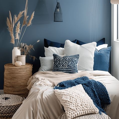 Calming Blue Boho-Chic Bedroom Concept Boho Chic Bedroom Blue, Denim Blue Bedroom Ideas, Blue And White Boho Bedroom, Navy And Light Blue Bedroom, Denim Blue Bedroom, Rustic Blue Bedroom, Blue And Beige Bedroom, Blue Boho Bedroom, Bedroom Concept